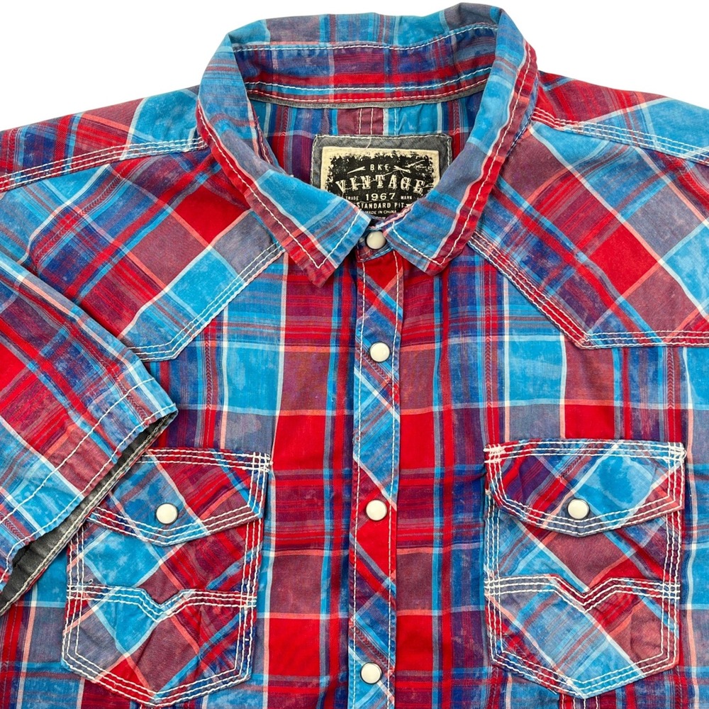 BKE Vintage Mens XL Plaid Pearl Snap Western Shirt Red Blue Short Sleeve